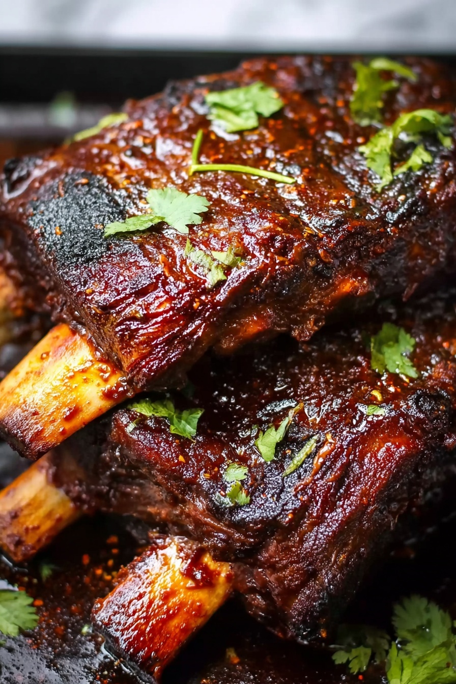 Caramelized Slow Roast Asian Beef Short Ribs, Asian Beef Ribs, Slow Roasted Short Ribs, Asian-inspired Beef Dish, Tender Beef Ribs - The image shows two large pieces of glazed meat ribs with long white bones sticking out, stacked slightly over each other on a glossy, dark cooking tray. The ribs have a dark brown, shiny sauce coating with visible charred and smoky spots. The surface under the ribs has rich, thick, caramelized sauce with a reddish-brown color, adding texture and moisture. Small green leaves of fresh cilantro are spread unevenly on top, giving a fresh contrast to the dark meat. The background surface is a white marbled texture. photo taken with an iphone --ar 2:3 --v 7