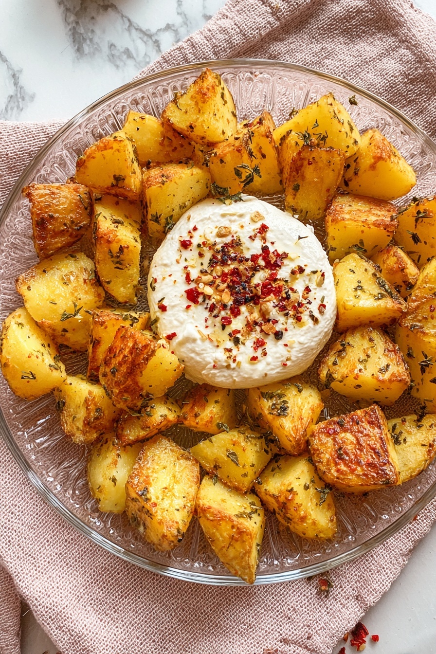 Baked Feta Potatoes with Roasted Garlic Lemon and Basil, Roasted Garlic Potato Dish, Easy Feta Potato Bake, Lemon Basil Potato Recipe, Crispy Potato Side Dish - The dish shows several chunks of golden-brown roasted potatoes arranged in a circle on a clear glass plate, with visible crispy edges and specks of herbs and seasoning on each piece. In the center of the plate, there is a smooth, round white cheese topped with black pepper and red chili flakes, sitting neatly among the potatoes. The plate is placed on a light pink textured cloth, against a white marbled surface in the background. photo taken with an iphone --ar 2:3 --v 7