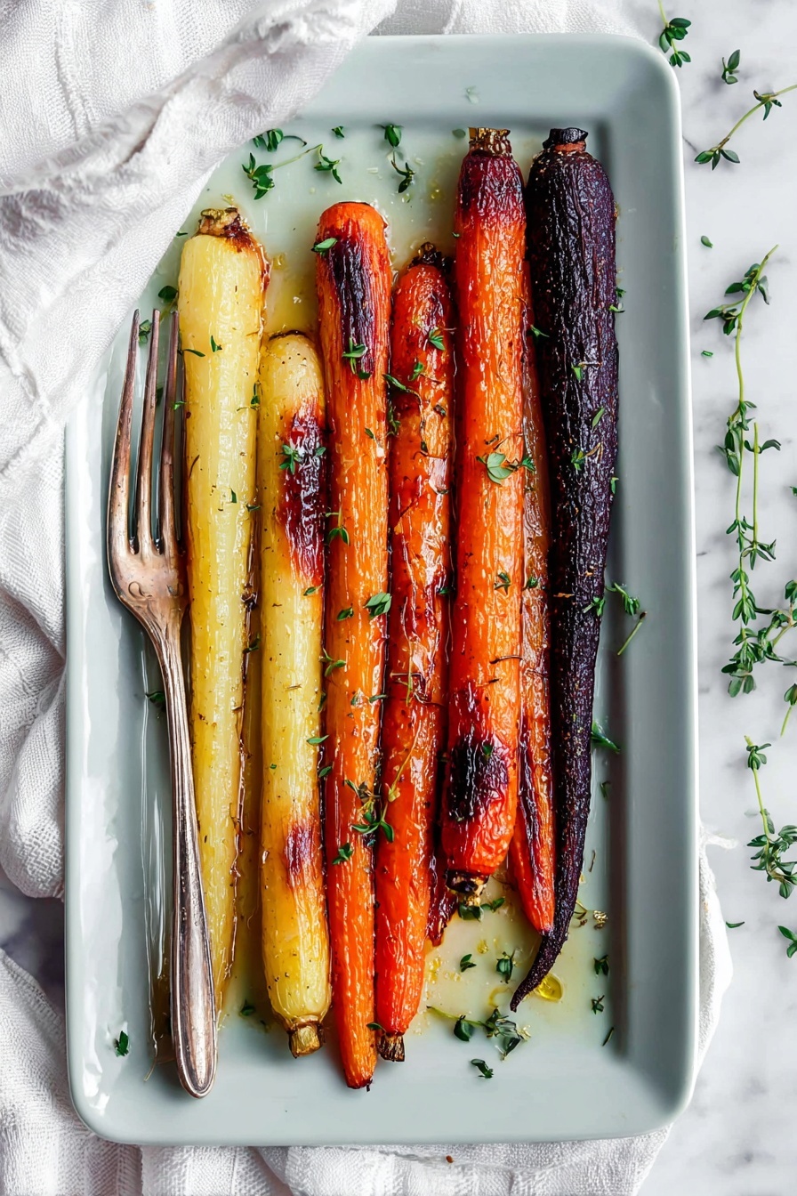 Honey Roasted Colorful Carrots, roasted vegetable side dish, vibrant carrot recipes, healthy roasted carrots, sweet savory carrot side - A white rectangular plate with eight roasted carrots arranged lengthwise in two rows, showing three dark purple carrots on the left, two light cream-colored carrots in the center, and three bright orange carrots on the right. The carrots have a caramelized, slightly charred texture with small green herb sprigs sprinkled on and around them. A silver fork lies along the left side of the plate. The plate is set on a white marbled surface with a white cloth and scattered herb sprigs. Photo taken with an iphone --ar 2:3 --v 7