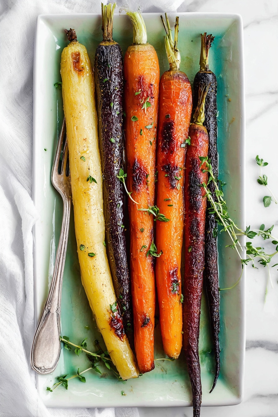 Honey Roasted Colorful Carrots, roasted vegetable side dish, vibrant carrot recipes, healthy roasted carrots, sweet savory carrot side - The image shows a rectangular white plate with a greenish-blue glaze, holding eight cooked carrots of different colors. There are three dark purple carrots, three pale yellow carrots, and two bright orange carrots. They are arranged side by side with a few green herb sprigs underneath and scattered on top. The carrots have a slightly shiny, roasted look with some dark grill marks. On the left side of the plate, there is a silver fork resting beside the carrots. The plate is placed on a white marbled surface with some white cloth around it. photo taken with an iphone --ar 2:3 --v 7