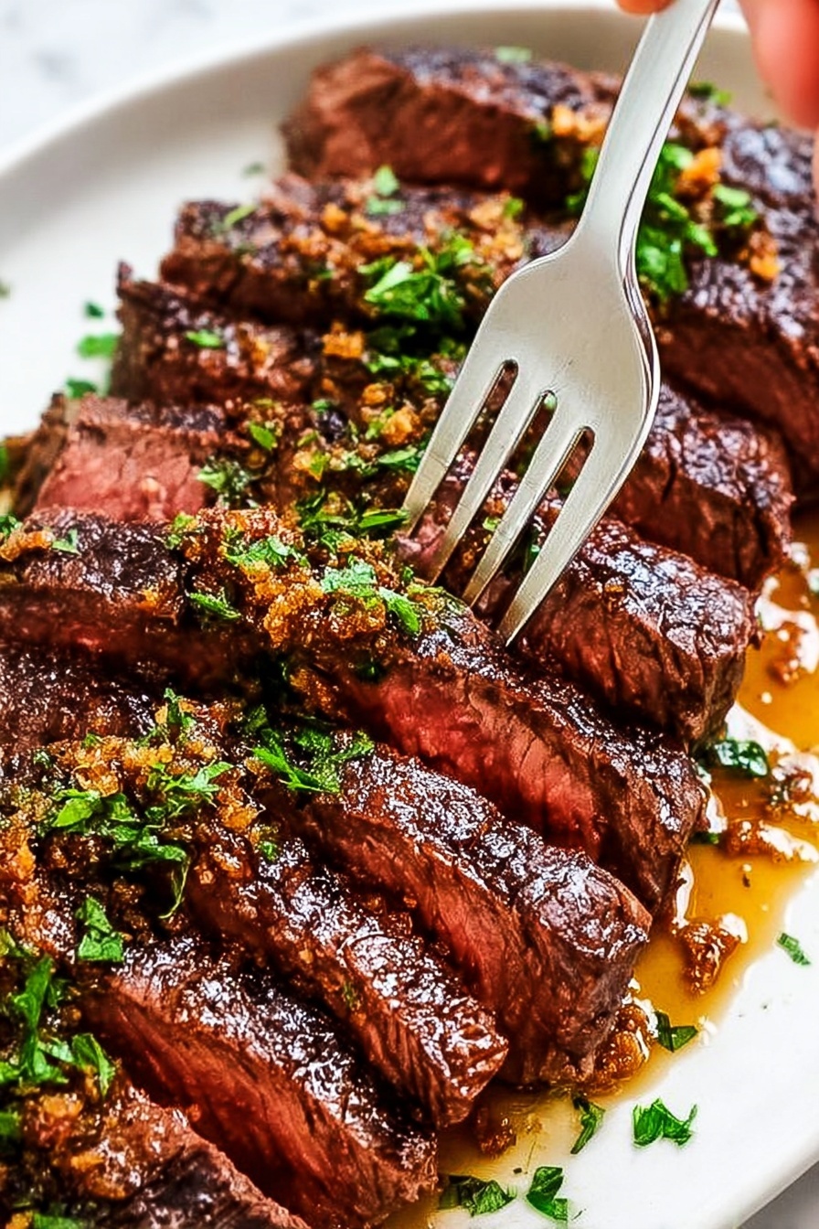 Garlic Butter Brazilian Steak, Brazilian steak recipe, garlic butter steak, quick steak dinner, flavorful Brazilian beef - A white oval plate holds several thick slices of medium-rare steak arranged in a slightly overlapping row. Each slice has a browned and seared outer edge with a pink, juicy center. The steak is covered with small bits of golden-brown crispy garlic and sprinkled with fresh green parsley leaves. The dish is resting on a white marbled surface, and there is a small pool of golden oil or sauce around the base of the steak slices, adding a shiny and appetizing look. photo taken with an iphone --ar 2:3 --v 7