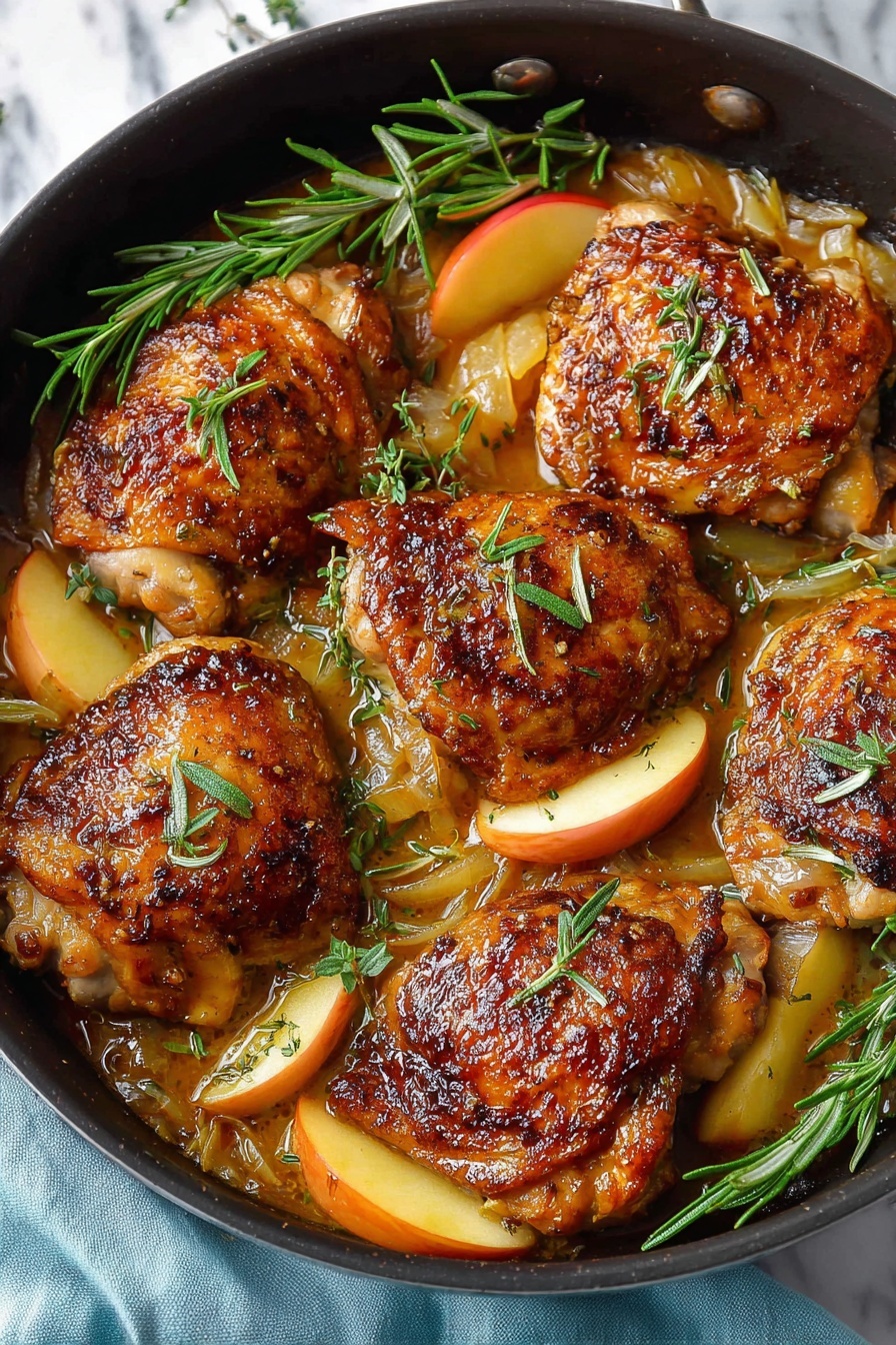 Rosemary Apple Cider Chicken, apple cider chicken recipe, easy chicken recipes with apples, cozy fall chicken dish, savory chicken with herbs and apples - In a black skillet, there are five browned chicken thighs with crispy, golden-brown skin, each topped with small green rosemary leaves. Between and under the chicken pieces, there are slices of red apple with yellow flesh and translucent cooked onions in a light orange sauce that fills the bottom of the pan. Whole sprigs of fresh green rosemary are scattered on top, adding a fresh look. The skillet is resting on a light blue cloth, and the background is a white marbled surface. Photo taken with an iphone --ar 2:3 --v 7