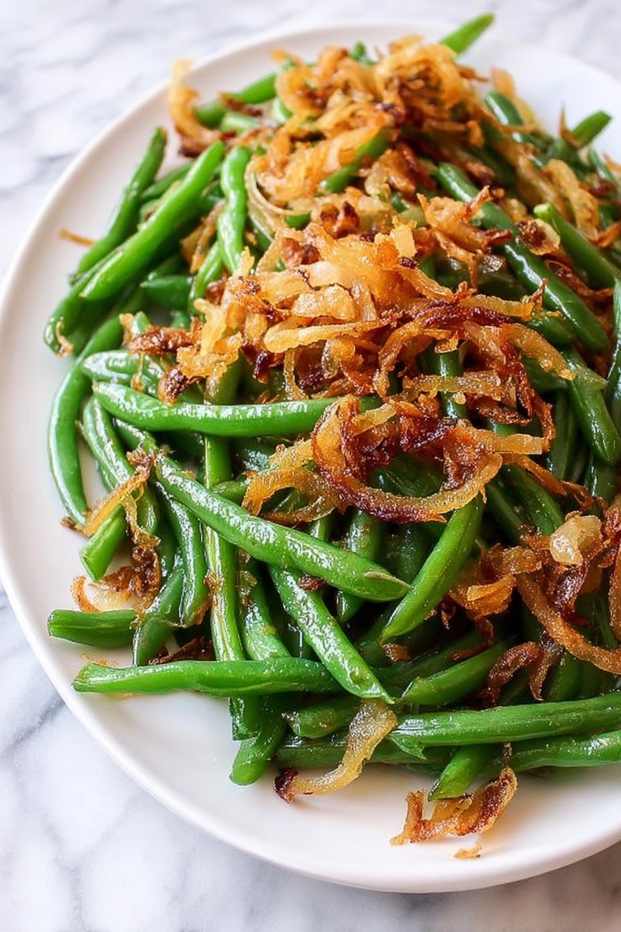 Roasted Green Beans with Caramelized Onions, green bean side dish, caramelized onion green beans, healthy roasted green beans, easy green bean recipes - A white plate is filled with bright green beans forming the bottom layer, with a glossy, slightly oily texture. On top, there is a generous layer of thin, golden-brown fried onion strips that are crispy and scattered unevenly, adding a crunchy look. The plate sits on a white marbled surface. photo taken with an iphone --ar 2:3 --v 7