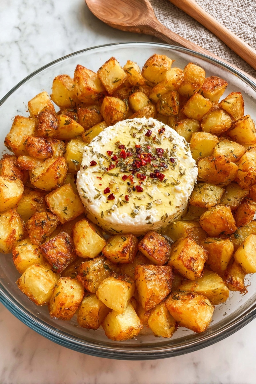 Baked Feta Potatoes with Roasted Garlic Lemon and Basil, Roasted Garlic Potato Dish, Easy Feta Potato Bake, Lemon Basil Potato Recipe, Crispy Potato Side Dish - The image shows a round, clear glass dish filled with golden roasted potato cubes that are crispy on the edges and seasoned with herbs. In the center of the dish, there is a round block of soft white cheese sprinkled with black pepper and red chili flakes. The potatoes are arranged tightly around the cheese, creating a ring. The dish sits on a white marbled surface, and a wooden spoon handle is visible next to it. Photo taken with an iphone --ar 2:3 --v 7