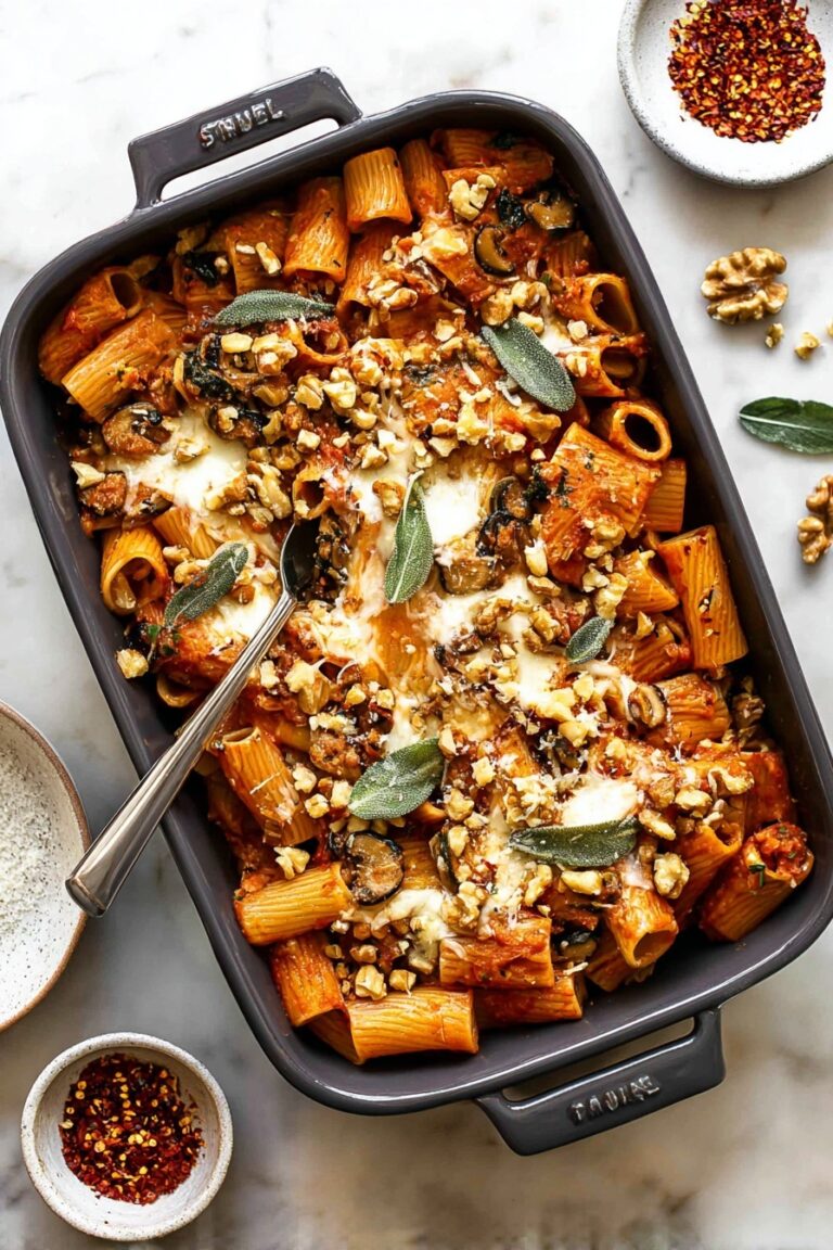 Pumpkin Tomato Pasta Bake with Sage and Walnut Topping Recipe