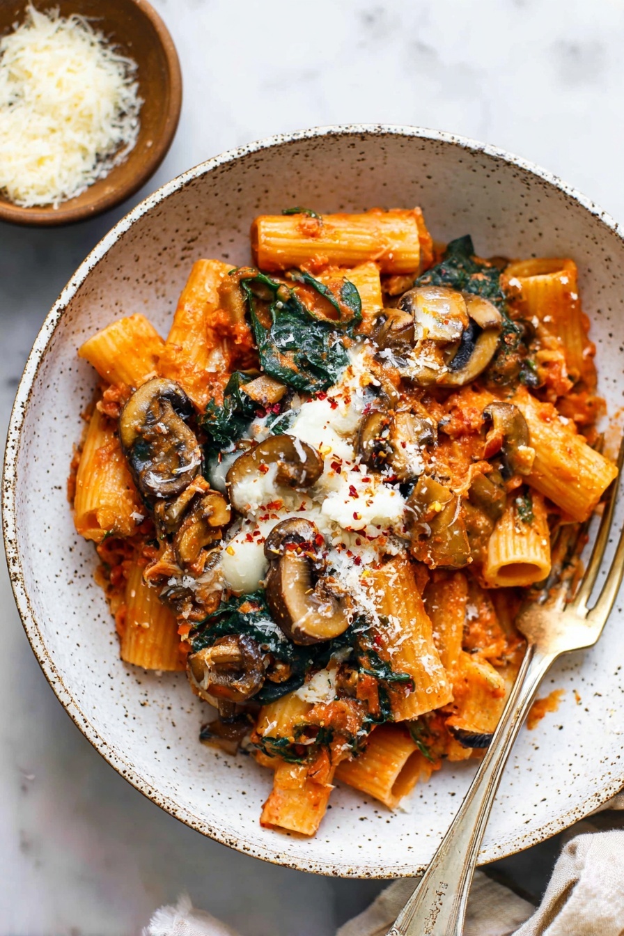 Pumpkin Tomato Pasta Bake with Sage and Walnut Topping, hearty pumpkin pasta, autumn pasta bake, healthy pumpkin pasta dish, flavorful vegetable pasta - A white speckled bowl holds a serving of rigatoni pasta mixed with a rich red-orange sauce. On top, there are sautéed brown mushrooms with a slightly glossy texture, wilted dark green spinach leaves, and small pieces of melted cheese melting into the sauce. The pasta tubes are thick and have ridges, some with the sauce inside. The dish is sprinkled with finely grated white cheese and tiny red flakes. A silver fork rests on the right side of the bowl, partially digging into the pasta. The bowl sits on a white marbled surface next to a small brown bowl filled with grated cheese and a white tied bundle cloth. photo taken with an iphone --ar 2:3 --v 7