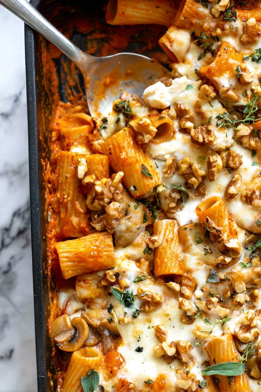 Pumpkin Tomato Pasta Bake with Sage and Walnut Topping, hearty pumpkin pasta, autumn pasta bake, healthy pumpkin pasta dish, flavorful vegetable pasta - The image shows a close-up of a rectangular black baking dish filled with baked pasta. The dish has at least three layers: the bottom layer is orange-red tomato sauce with rigatoni pasta pieces, some visible green herbs, and chunks of mushrooms. The middle layer is creamy melted white cheese spread unevenly over the pasta. The top layer is garnished with broken walnut pieces and small green herb leaves, adding texture and color. A silver spoon is partially visible in the dish, stirring or serving the pasta. The background is a white marbled surface. Photo taken with an iphone --ar 2:3 --v 7