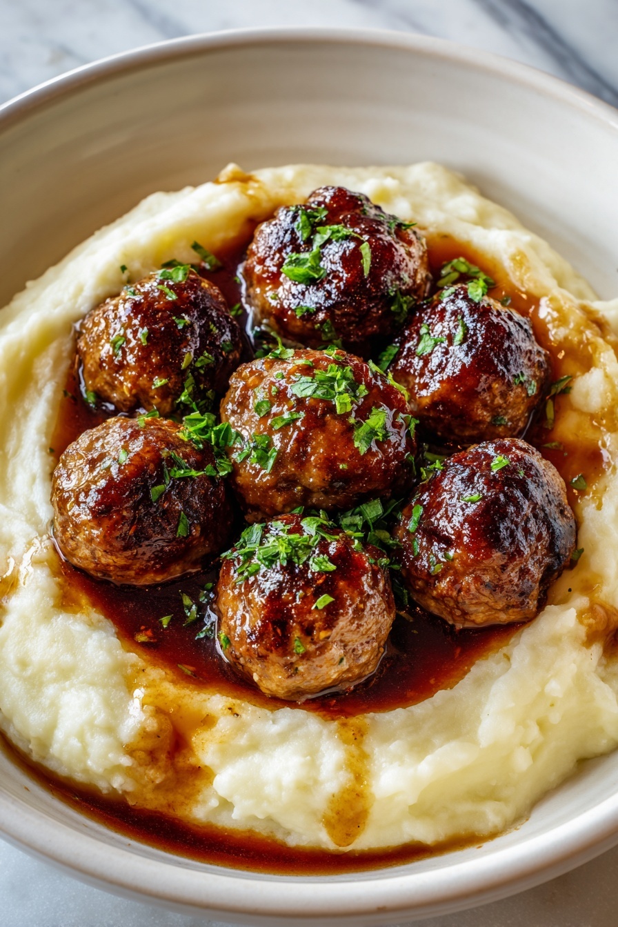 Salisbury Steak Meatballs with Garlic Herb Mashed Potatoes, Salisbury steak meatballs recipe, comfort food dinner ideas, easy meatball recipes, hearty family dinner - The dish shows seven shiny browned meatballs, each sprinkled with small pieces of green herbs, placed on a bed of creamy mashed potatoes that are off-white with a smooth, slightly lumpy texture. The mashed potatoes form the middle layer, with a slight well in the center holding a pool of rich, dark brown sauce that seeps around the edges. The meatballs are gathered closely together in the center, with some sauce glazing their sides. All of this is placed in a large white bowl set on a white marbled surface. photo taken with an iphone --ar 2:3 --v 7