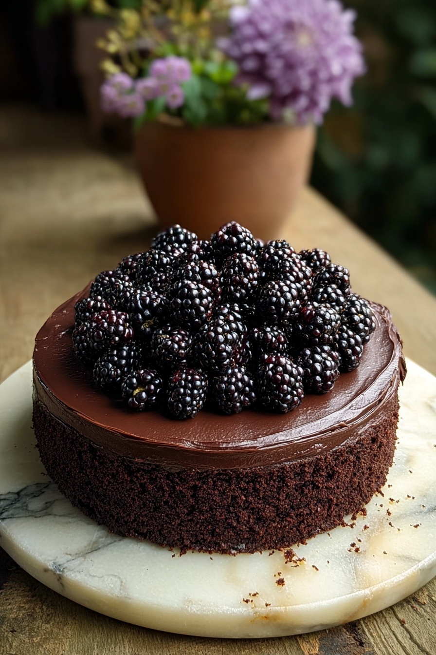 Blackberry Velvet Gothic Cake, Blackberry chocolate layer cake, dark berry dessert, rich blackcurrant cake, gothic themed cake recipe - The image shows a round chocolate cake with two main layers. The bottom layer is dark and crumbly, while the top layer is covered smoothly with shiny, rich chocolate frosting. On top of the cake, there is a thick pile of fresh blackberries that are very dark with a glossy texture. The cake sits on a round white marbled surface. In the background, there is a blurred purple flower in a brown pot, and the setting has a soft natural light that highlights the cake's glossy finish. photo taken with an iphone --ar 2:3 --v 7