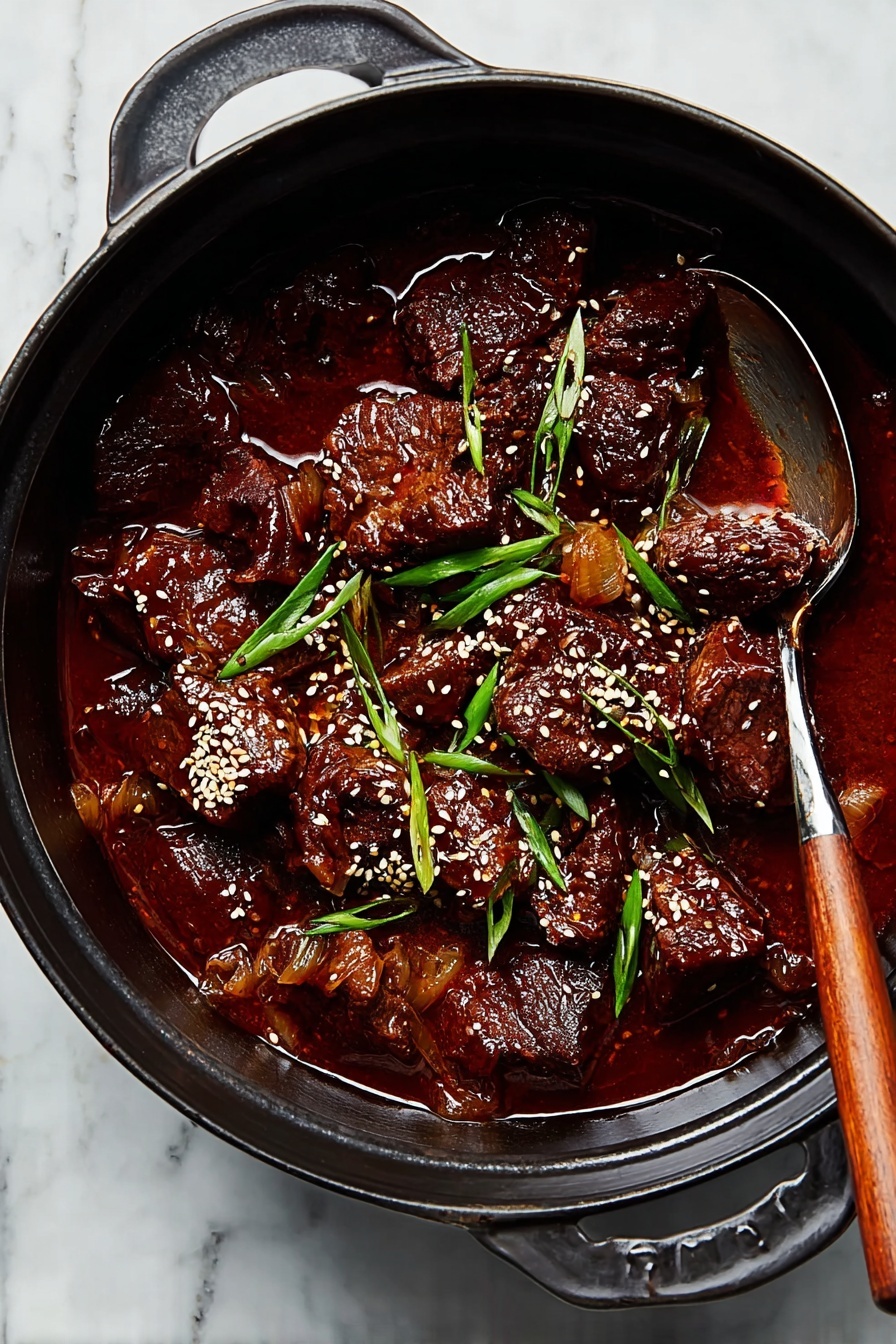 Korean Style Pot Roast, Korean inspired beef dish, tender beef stew, slow cooker Korean pot roast, easy Korean beef recipe - The image shows a black cast iron pot filled with dark brown braised meat chunks in a thick reddish-brown sauce. The meat pieces have a glossy texture and are mixed with soft caramelized onions that blend into the sauce. The dish is garnished with bright green sliced scallions and a sprinkling of beige sesame seeds on top. A metal spoon with a wooden handle is partially submerged in the pot on the right side. The pot is placed on a white marbled surface. photo taken with an iphone --ar 2:3 --v 7