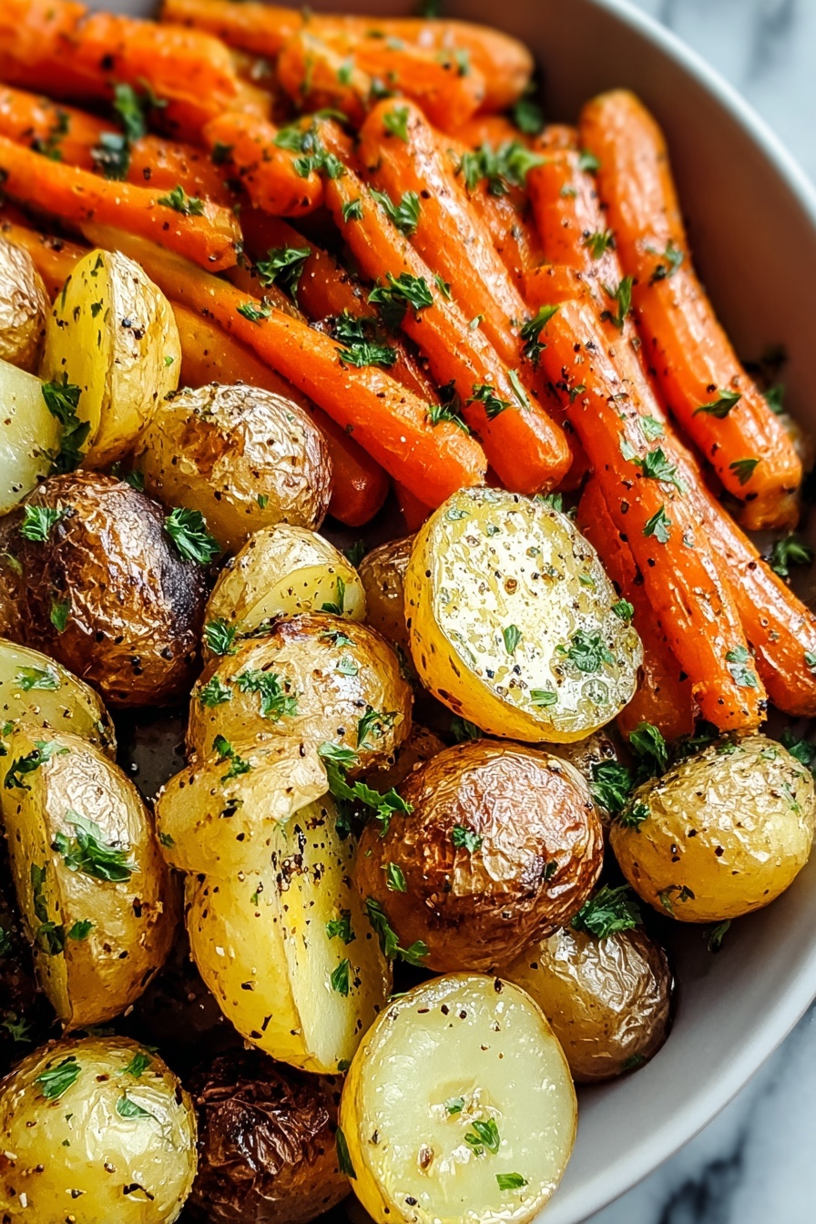Garlic Herb Roasted Potatoes, Carrots, Zucchini, healthy roasted vegetable side dish, easy vegetable side recipes - A close-up view of roasted vegetables consisting of three layers: the bottom layer has golden brown potato slices with crispy, slightly charred edges and a soft inside, the middle layer shows bright orange whole baby carrots with a shiny surface, and the top layer is sprinkled with fresh green parsley leaves and a light coating of black pepper and herb seasoning. The vegetables are served in a white bowl with a white marbled surface blurred in the background. photo taken with an iphone --ar 2:3 --v 7