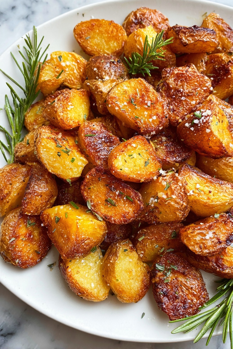 Crispy Roast Potatoes with Rosemary and Garlic, roasted potato recipe, Whole30 roast potatoes, easy crispy potato side dish, healthy roasted potato recipe - A white plate filled with many pieces of golden brown roasted potatoes, each piece showing a crispy, crunchy texture with some darker browned edges and a light sprinkle of coarse salt and green herbs on top; among the potatoes are a few fresh green rosemary sprigs adding color contrast, all set on a white marbled surface photo taken with an iphone --ar 2:3 --v 7