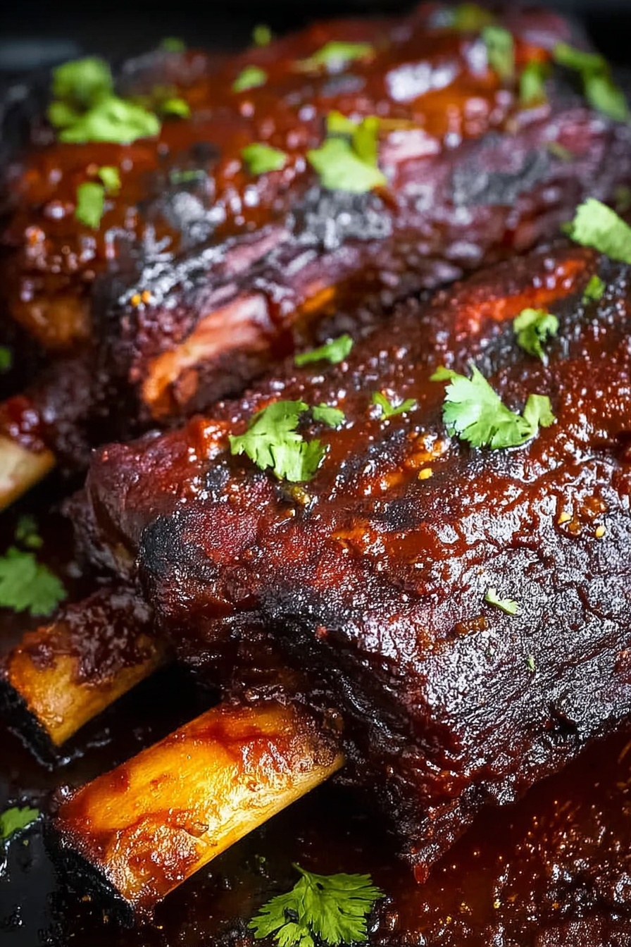 Caramelized Slow Roast Asian Beef Short Ribs, Asian Beef Ribs, Slow Roasted Short Ribs, Asian-inspired Beef Dish, Tender Beef Ribs - The image shows two large pieces of cooked meat with bones sticking out from one end, covered in a thick, dark brown sauce that looks sticky and shiny. The meat has a textured surface with some charred bits, and it is garnished with small green herbs scattered on top. The pieces rest on a dark surface with a rich, reddish-brown oily sauce pooling around them, reflecting light and adding a glossy look. The bones are cream-colored with some sauce marks near the meat. The overall look highlights a rich, hearty dish that appears flavorful and well-cooked. photo taken with an iphone --ar 2:3 --v 7