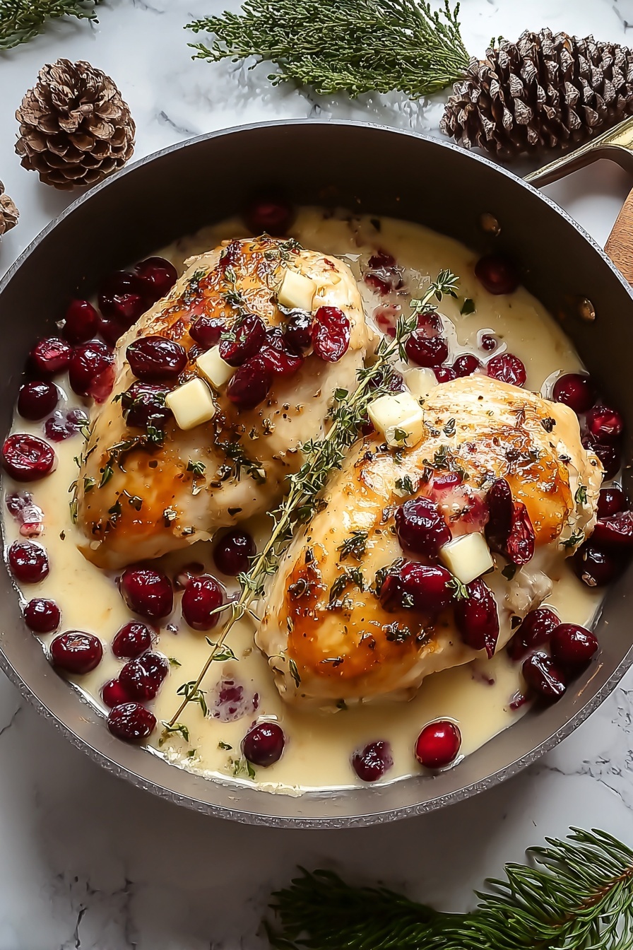 Impressive Cranberry Brie Stuffed Chicken, cranberry brie stuffed chicken, stuffed chicken breast recipes, elegant chicken dinner ideas, holiday chicken recipes - The image shows a pan with two large pieces of cooked chicken that have a light golden brown crust. On top of the chicken, there are red cranberries and small cubes of butter melted into the surface, along with green sprigs of fresh thyme adding a touch of color. The sauce around the chicken is creamy and smooth, light beige in color, mixed with the deep red of the cranberries, creating a rich contrast. The pan sits on a white marbled surface, with pine cones and green pine branches nearby, adding a holiday feel. photo taken with an iphone --ar 2:3 --v 7
