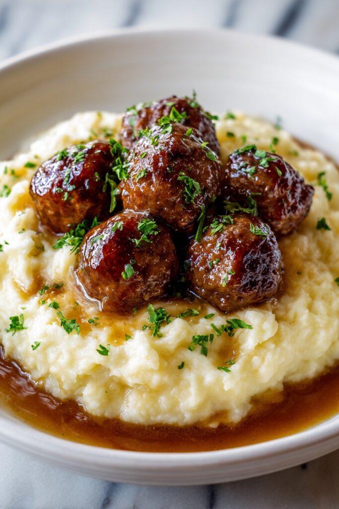 Salisbury Steak Meatballs with Garlic Herb Mashed Potatoes Recipe