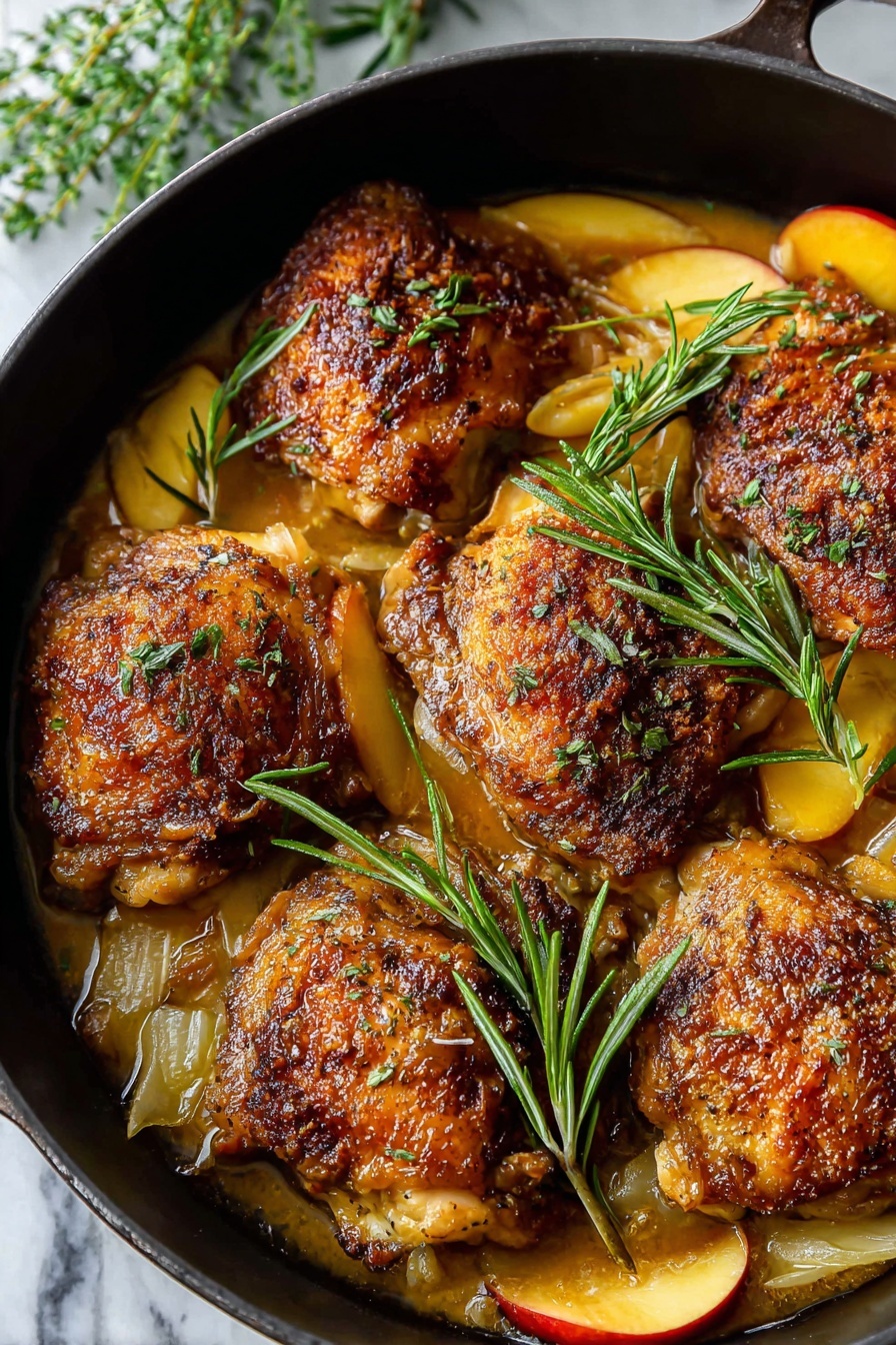 Rosemary Apple Cider Chicken, apple cider chicken recipe, easy chicken recipes with apples, cozy fall chicken dish, savory chicken with herbs and apples - The image shows a close-up of a black skillet filled with five browned, crispy chicken pieces on top of a sauce base. The chicken pieces are golden-brown with a textured, slightly rough skin, and fresh green rosemary sprigs are placed on top of each piece. Underneath and around the chicken, there are slices of light yellow and red apple wedges, partially soaked in the sauce. The background has a white marbled texture with a blurred sprig of green herbs on the top edge nearby. The dark handle of the skillet extends out of frame on the top right side. photo taken with an iphone --ar 2:3 --v 7