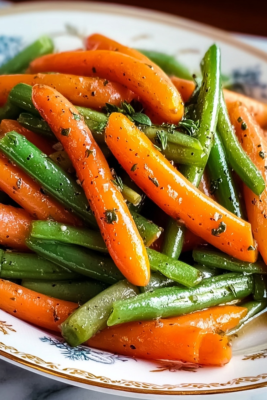 Honey Glazed Carrots and Green Beans, glazed vegetable side dish, easy roasted veggie recipes, healthy vegetable side, quick weeknight side dish - A close-up view of cooked baby carrots and green beans mixed together in a white plate with delicate gold and blue patterns along the rim. The carrots are bright orange, smooth, and slightly shiny with small specks of black pepper and herbs on them. The green beans are a vibrant green and have a fresh, smooth texture with a few visible herb flakes. The vegetables are layered in a way that the orange carrots and green beans are intertwined randomly, giving a fresh and well-seasoned look. The plate sits on a white marbled surface, enhancing the bright colors of the vegetables. photo taken with an iphone --ar 2:3 --v 7