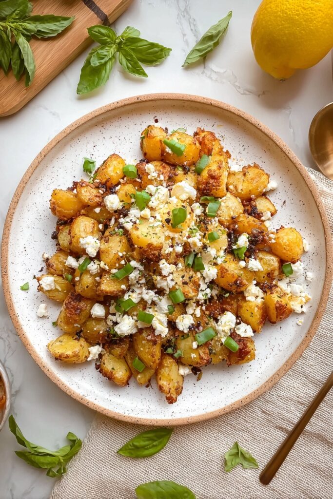 Baked Feta Potatoes with Roasted Garlic, Lemon, and Basil Recipe