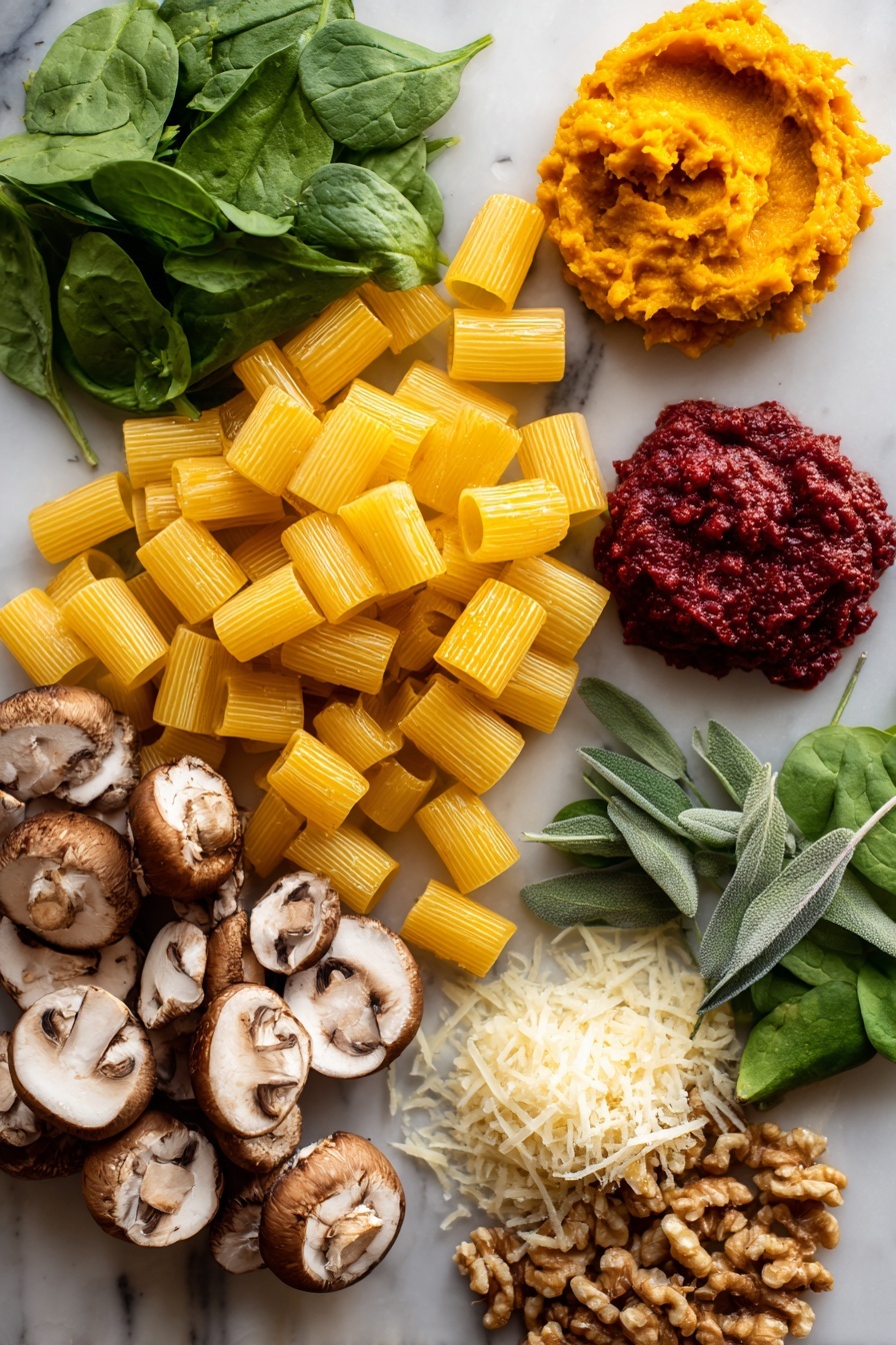 Pumpkin Tomato Pasta Bake with Sage and Walnut Topping, hearty pumpkin pasta, autumn pasta bake, healthy pumpkin pasta dish, flavorful vegetable pasta - Flat lay of raw tubular pasta like mezzi rigatoni, smooth pumpkin purée in a small heap, bright red tomato paste, fresh green sage leaves, whole cremini mushrooms sliced in halves, chopped yellow onion pieces, fresh baby spinach leaves, and chopped walnuts, all beautifully arranged with a small pile of grated fontina cheese nearby, placed on a white marble surface, photo taken with an iphone --ar 2:3 --v 7