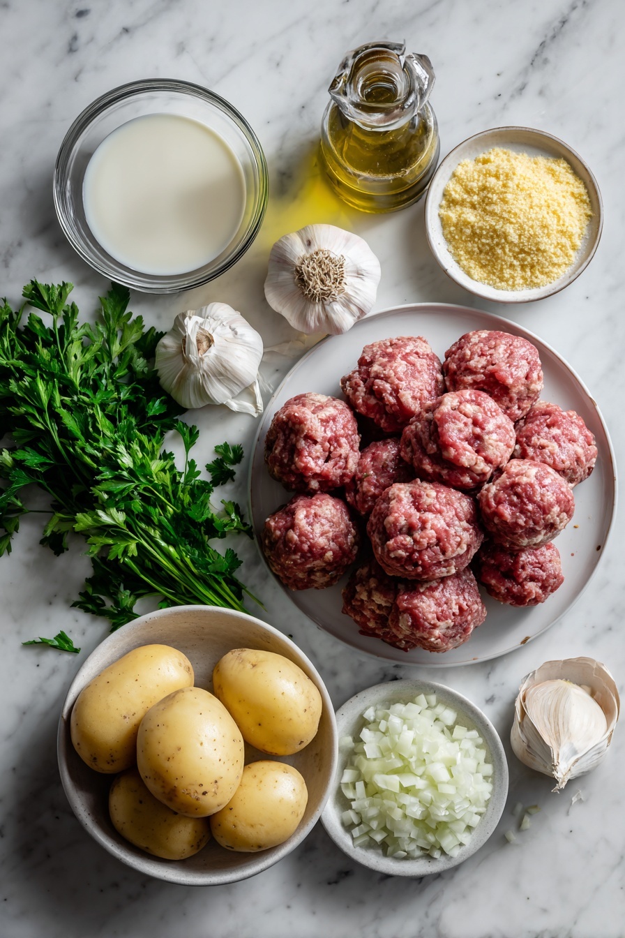 Salisbury Steak Meatballs with Garlic Herb Mashed Potatoes, Salisbury steak meatballs recipe, comfort food dinner ideas, easy meatball recipes, hearty family dinner - Flat lay of fresh ground beef shaped into small balls, finely chopped white onion, whole peeled potatoes, several peeled garlic cloves, fresh chopped parsley, a small bowl of creamy butter, a splash of milk in a clear glass container, Worcestershire sauce bottle, and a small heap of golden breadcrumbs, all beautifully arranged on a white marble surface, photo taken with an iphone --ar 2:3 --v 7