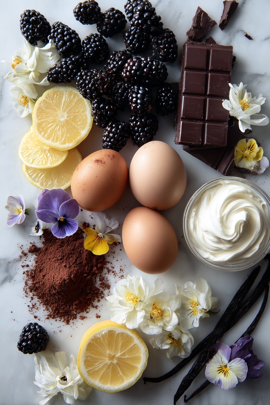 Blackberry Velvet Gothic Cake, Blackberry chocolate layer cake, dark berry dessert, rich blackcurrant cake, gothic themed cake recipe - Flat lay of fresh blackberries with deep purple hues, rich unsweetened cocoa powder in a small pile, smooth dark chocolate shavings scattered elegantly, glossy large brown eggs, silky heavy whipping cream in a gentle swirl, bright lemon wedges showing juicy pulp, vanilla beans with tiny seeds visible, and delicate edible flowers adding a pop of color, all arranged beautifully and harmoniously placed on a white marble surface, photo taken with an iphone --ar 2:3 --v 7