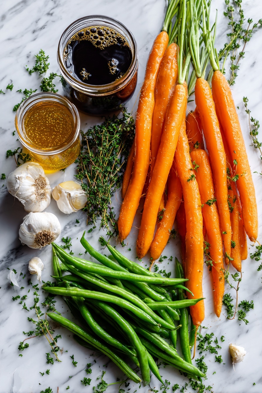 Honey Glazed Carrots and Green Beans, glazed vegetable side dish, easy roasted veggie recipes, healthy vegetable side, quick weeknight side dish - Flat lay of whole fresh bright orange carrots, vibrant green snap green beans, a small jar of golden honey with glistening texture, a glass bottle of dark balsamic vinegar, fresh garlic cloves peeled and minced, fresh thyme sprigs, and a handful of chopped bright green parsley leaves beautifully arranged with scattered dried thyme leaves, placed on a white marble surface, photo taken with an iphone --ar 2:3 --v 7