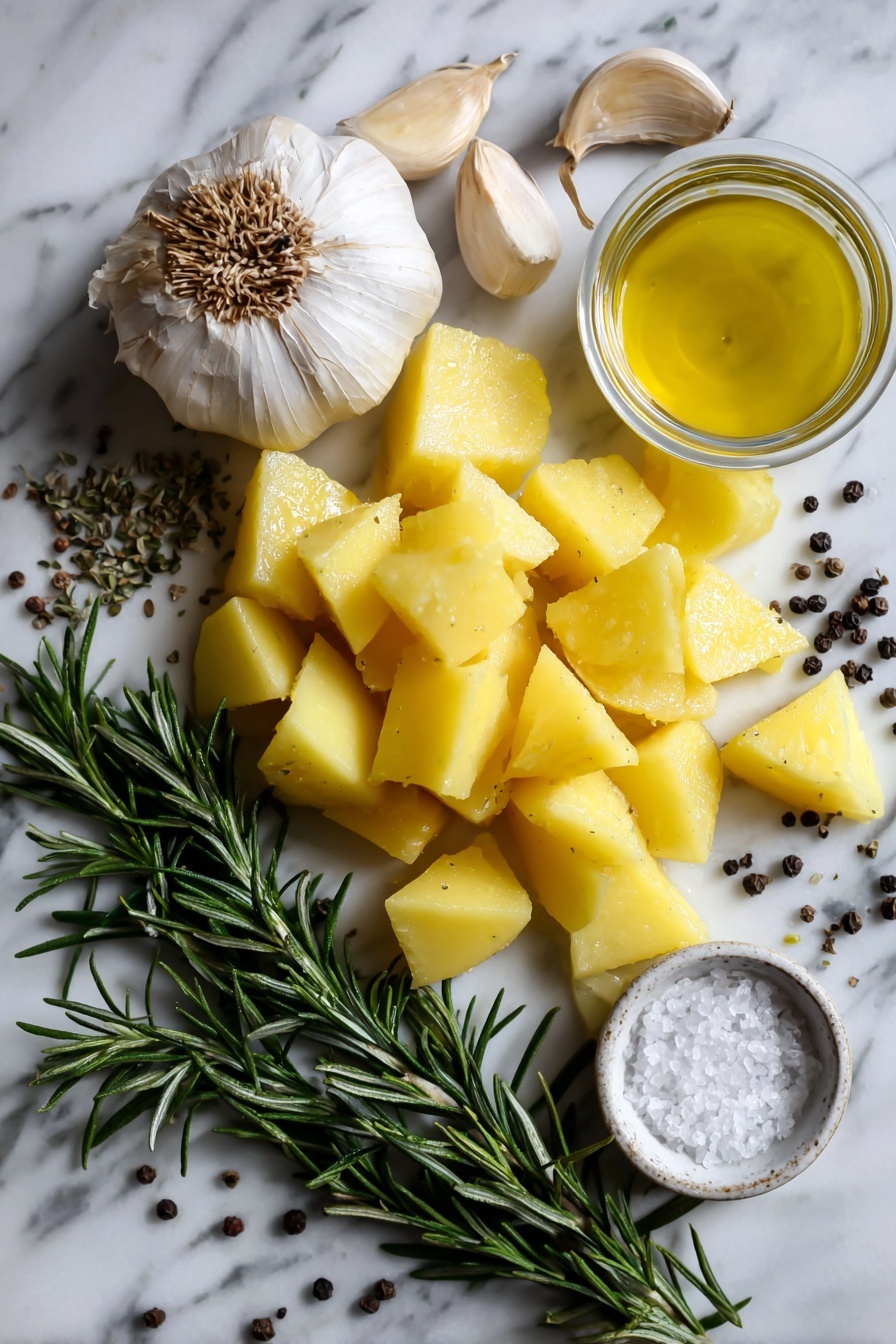 Crispy Roast Potatoes with Rosemary and Garlic, roasted potato recipe, Whole30 roast potatoes, easy crispy potato side dish, healthy roasted potato recipe - Flat lay of peeled yellow potatoes cut into large chunks, a whole head of garlic with the top trimmed, fresh green rosemary sprigs, golden duck fat in a small pool, glistening extra-virgin olive oil, coarse kosher salt crystals, and freshly cracked black peppercorns scattered around, all beautifully arranged on a white marble surface, photo taken with an iphone --ar 2:3 --v 7