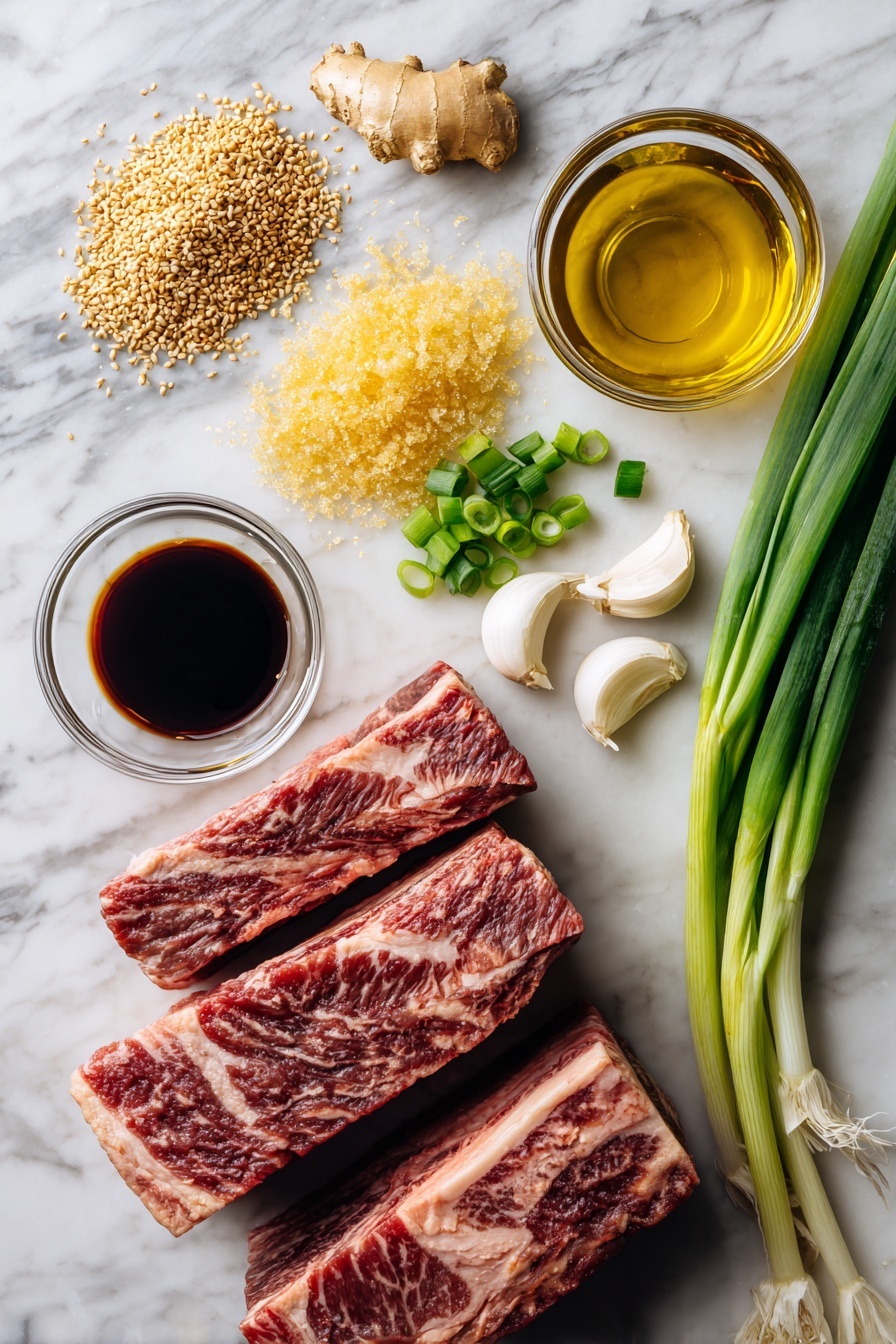 Caramelized Slow Roast Asian Beef Short Ribs, Asian Beef Ribs, Slow Roasted Short Ribs, Asian-inspired Beef Dish, Tender Beef Ribs - Flat lay of thick beef short ribs with rich marbling, glossy dark soy sauce in a small pool, golden brown sugar crystals scattered beside, a small pile of fresh grated ginger root, three peeled garlic cloves, bright green sliced scallions, light tan sesame seeds sprinkled artistically, and a small glass bowl of amber sesame oil, all placed on a white marble surface, photo taken with an iphone --ar 2:3 --v 7