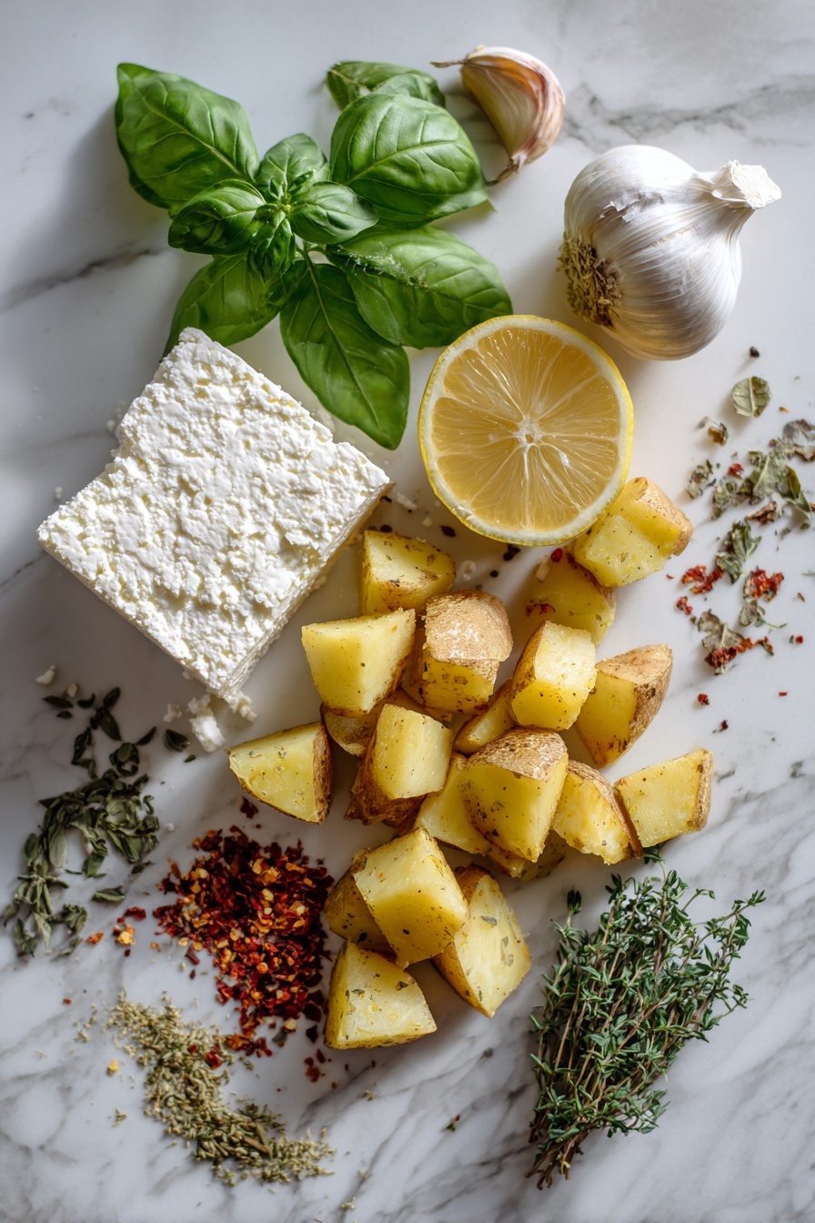 Baked Feta Potatoes with Roasted Garlic Lemon and Basil, Roasted Garlic Potato Dish, Easy Feta Potato Bake, Lemon Basil Potato Recipe, Crispy Potato Side Dish - Flat lay of two large golden baking potatoes cut into chunks, a block of crumbly white feta cheese, a whole head of garlic with its top sliced off, a halved lemon showing its bright yellow flesh, fresh vibrant green basil leaves, scattered dried thyme and oregano sprigs, and a small pile of red chili flakes, all beautifully arranged on a white marble surface, photo taken with an iphone --ar 2:3 --v 7