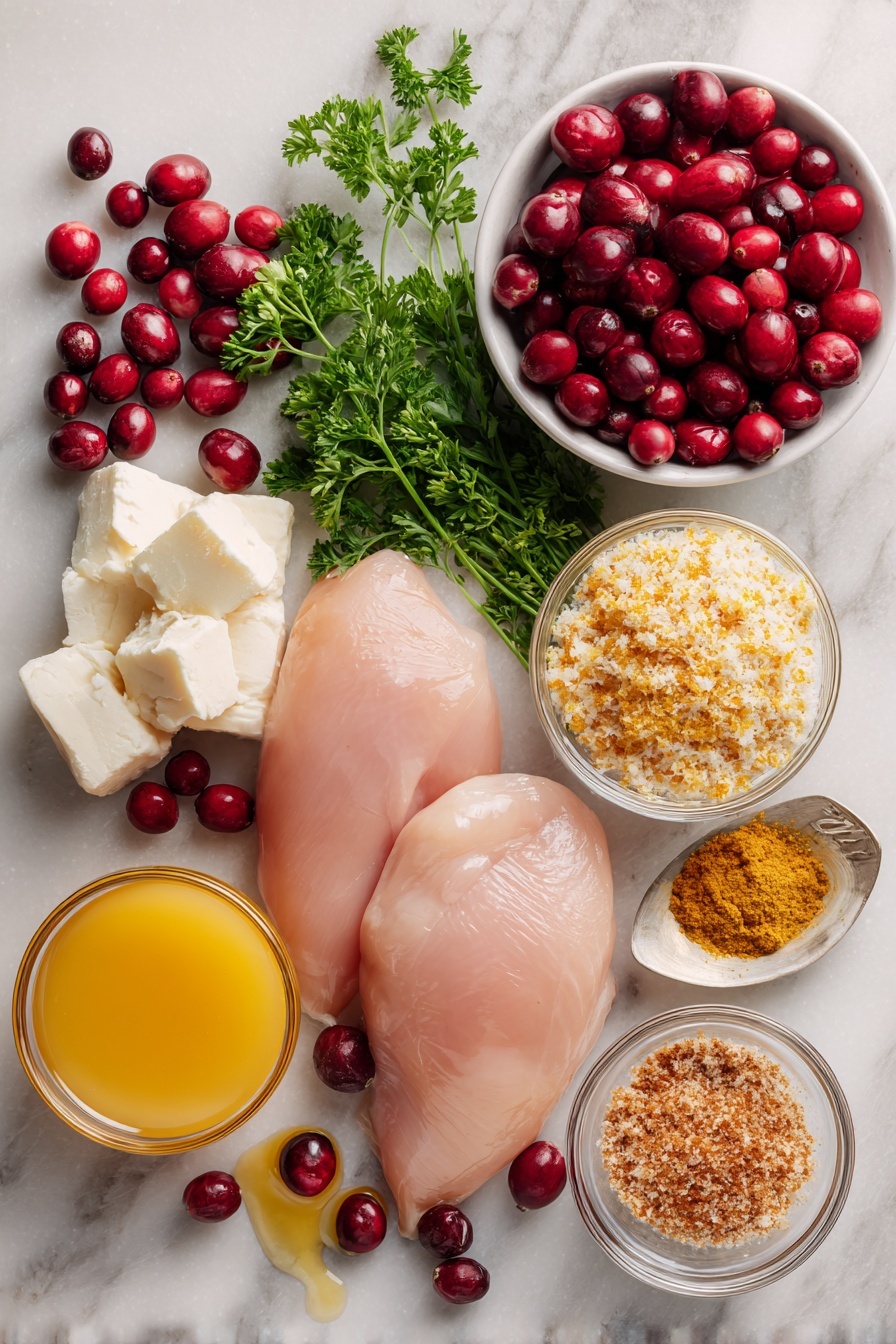 Impressive Cranberry Brie Stuffed Chicken, cranberry brie stuffed chicken, stuffed chicken breast recipes, elegant chicken dinner ideas, holiday chicken recipes - Flat lay of fresh boneless skinless chicken breasts, whole bright red cranberries, creamy white brie cheese pieces with rind removed, golden honey in a small puddle, vibrant orange juice in a glass pool, bright green chopped fresh parsley, warm brown panko breadcrumbs, and light brown ground cinnamon and ginger powders arranged artistically, placed on a white marble surface, photo taken with an iphone --ar 2:3 --v 7