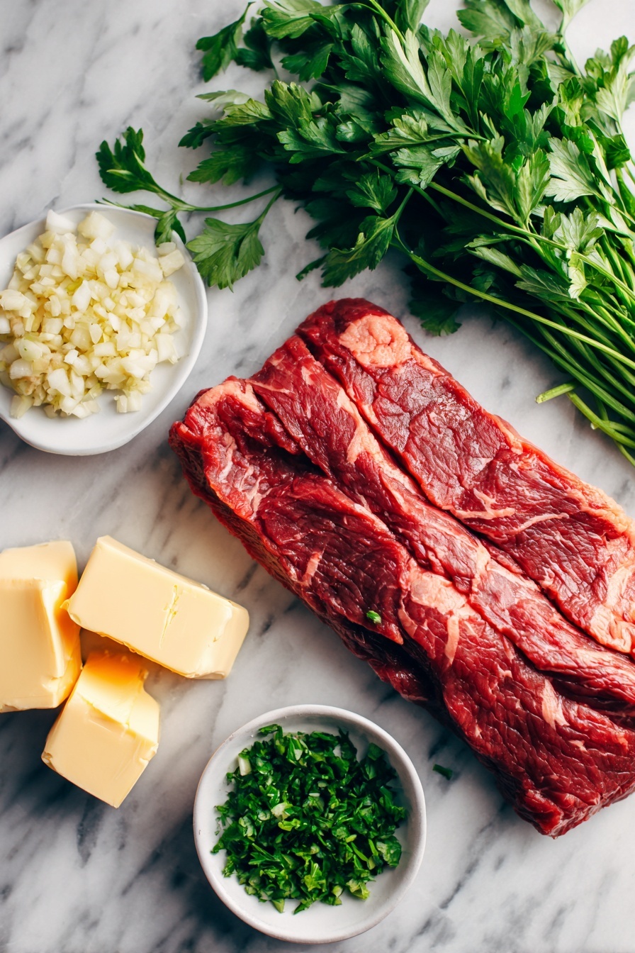 Garlic Butter Brazilian Steak, Brazilian steak recipe, garlic butter steak, quick steak dinner, flavorful Brazilian beef - Flat lay of a raw skirt steak with rich marbling, a generous mound of minced garlic, several thick pats of creamy butter, and a small pile of fresh chopped green parsley leaves, all beautifully arranged on a white marble surface, photo taken with an iphone --ar 2:3 --v 7