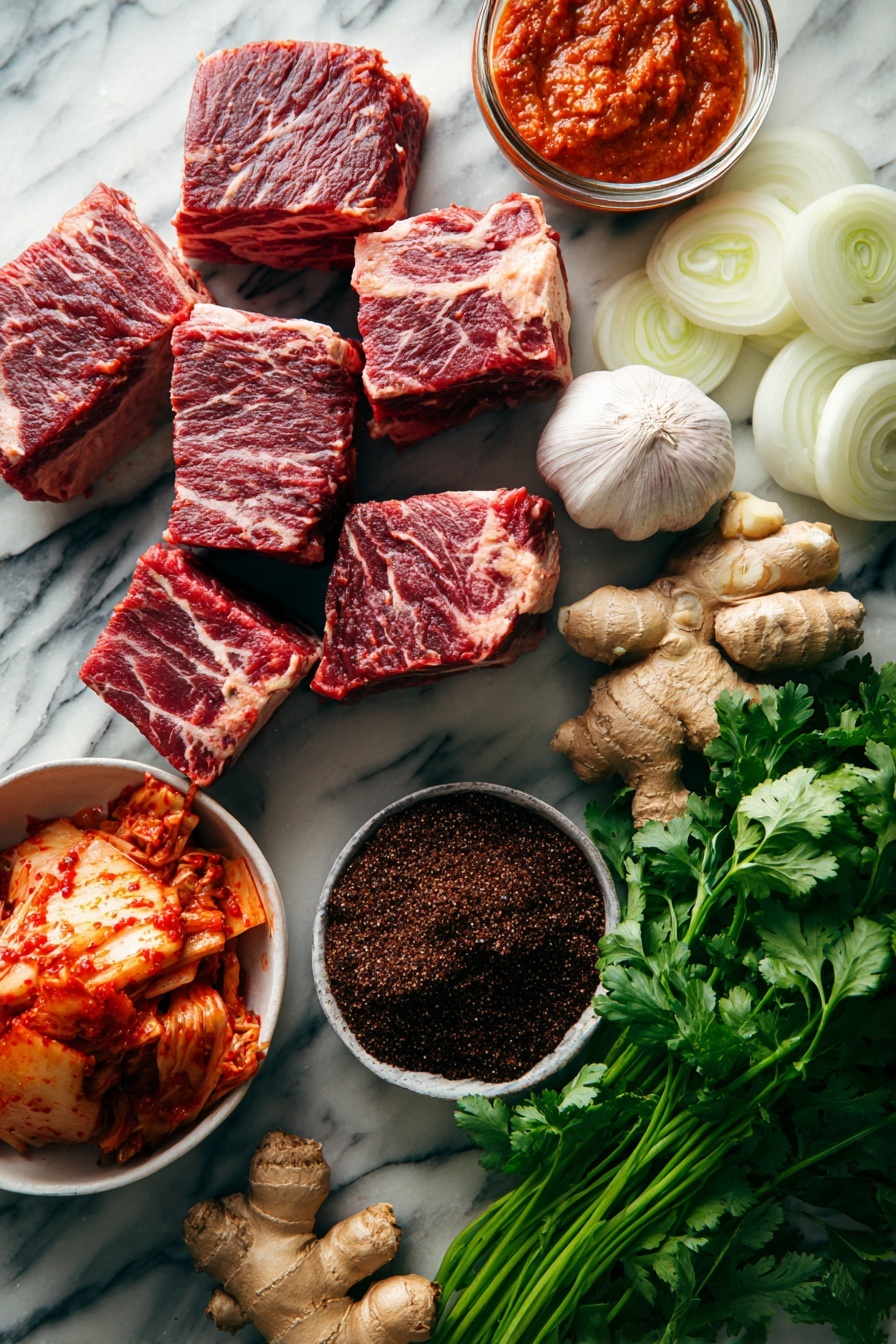 Korean Style Pot Roast, Korean inspired beef dish, tender beef stew, slow cooker Korean pot roast, easy Korean beef recipe - Flat lay of thick, raw chuck roast pieces with marbled fat, thinly sliced sweet onion rings, whole garlic cloves with papery skins, fresh ginger root with rough tan skin, a small bowl of bright red gochujang paste, a pile of dark brown packed brown sugar, fresh bright green cilantro sprigs, and a colorful heap of fermented kimchi made of napa cabbage and red chili flakes, all carefully arranged for a food photography shot, placed on a white marble surface, photo taken with an iphone --ar 2:3 --v 7