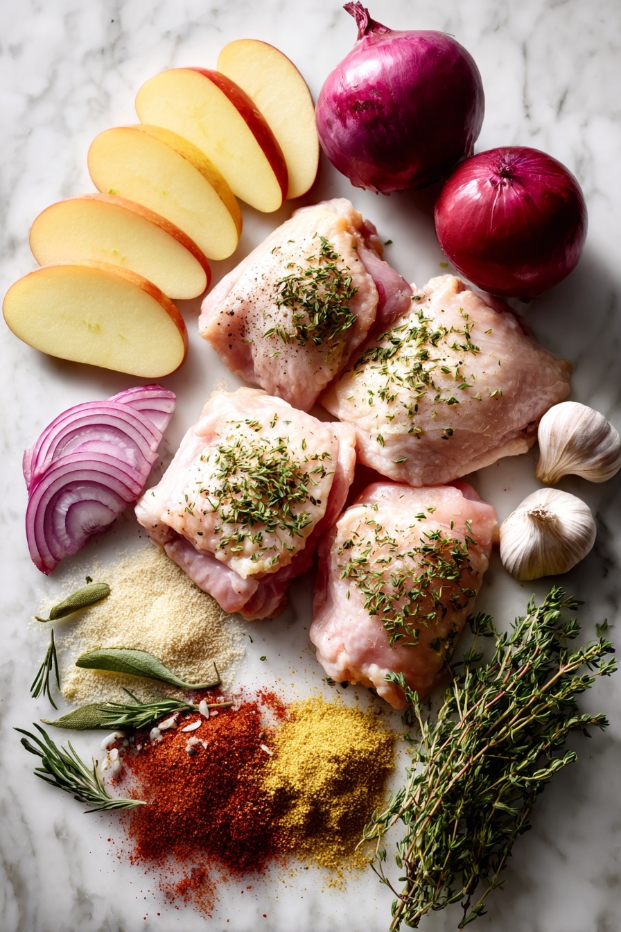 Rosemary Apple Cider Chicken, apple cider chicken recipe, easy chicken recipes with apples, cozy fall chicken dish, savory chicken with herbs and apples - Flat lay of fresh bone-in chicken thighs with a sprinkle of chopped green rosemary, bright red onion slices, crisp yellow-red Honeycrisp apple slices, whole garlic cloves, a small pile of dried onion and garlic powder, fresh thyme sprigs, and a small mound of smoked paprika, all carefully arranged on a white marble surface, photo taken with an iphone --ar 2:3 --v 7