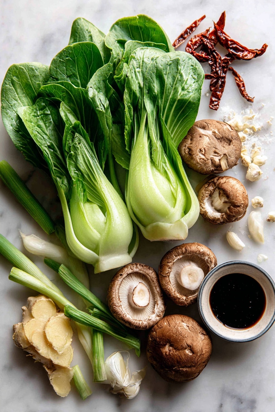 Bok Choy and Mushroom Stir Fry, healthy vegetable stir fry, quick Asian stir fry, easy weeknight stir fry, flavorful mushroom bok choy dish - Flat lay of fresh baby bok choy with vibrant green leaves and crisp white stalks, halved brown mushrooms showing their rich texture, small dried red Chinese chili peppers, peeled garlic cloves, a piece of fresh ginger with its light brown skin, sliced green onions with bright green tops, and a small bowl of dark soy sauce and vegetarian oyster sauce placed on a white marble surface, photo taken with an iphone --ar 2:3 --v 7