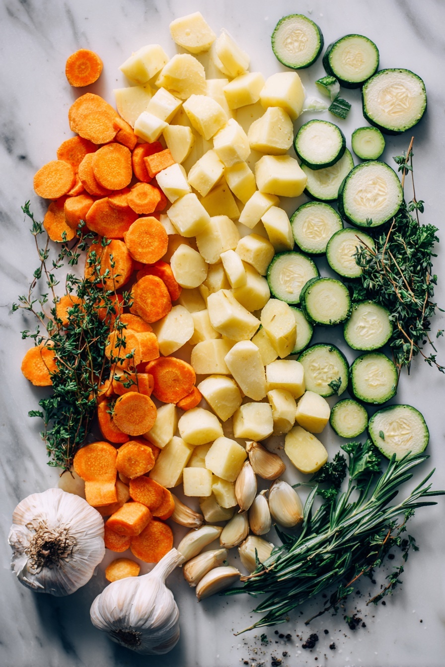 Garlic Herb Roasted Potatoes, Carrots, Zucchini, healthy roasted vegetable side dish, easy vegetable side recipes - Flat lay of diced golden potatoes, bright orange carrot slices, fresh green zucchini slices, whole garlic cloves, sprigs of fresh parsley, scattered dried thyme and rosemary leaves, all beautifully arranged in a natural, colorful pattern, placed on a white marble surface, photo taken with an iphone --ar 2:3 --v 7