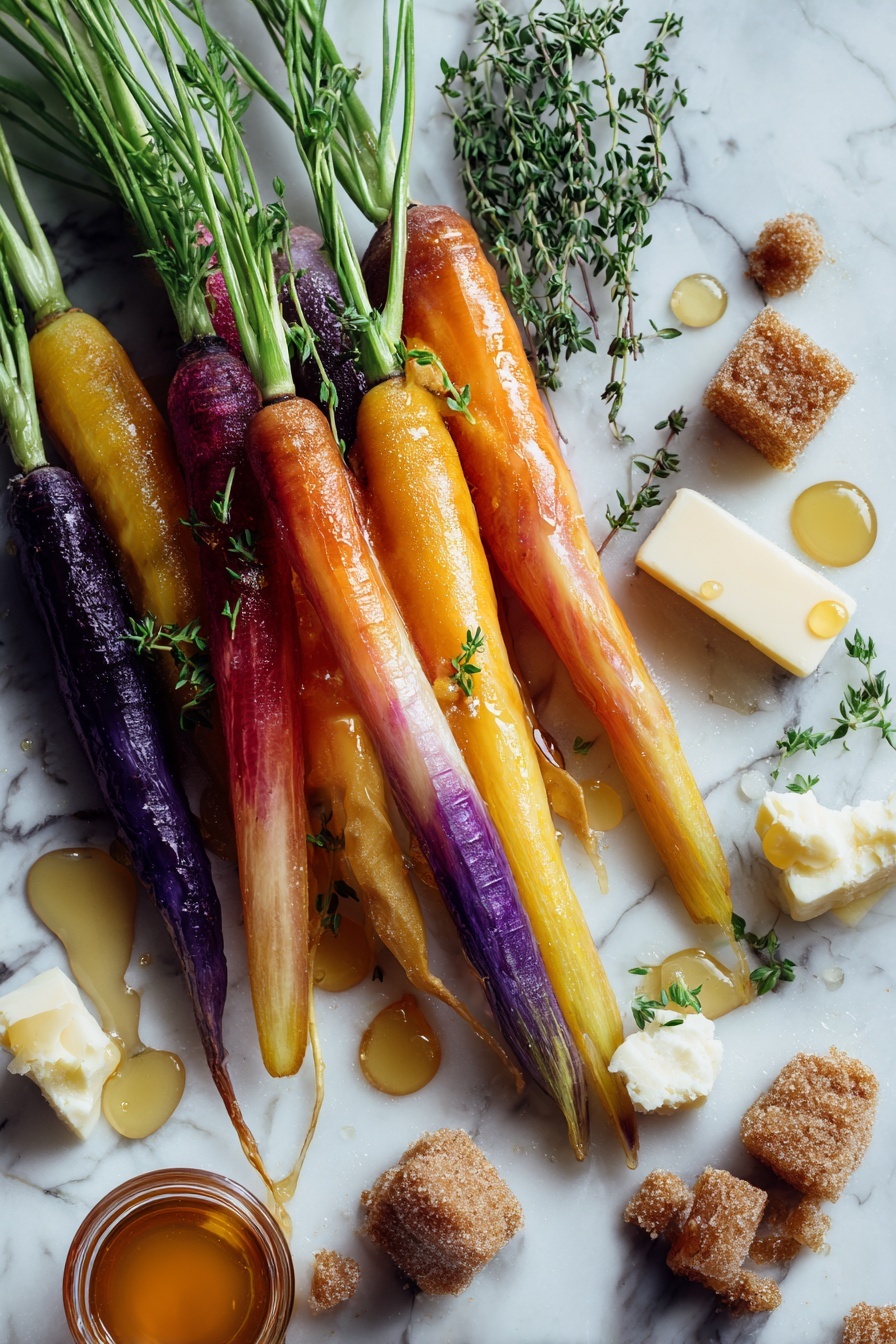 Honey Roasted Colorful Carrots, roasted vegetable side dish, vibrant carrot recipes, healthy roasted carrots, sweet savory carrot side - Flat lay of vibrant rainbow carrots with bright orange, purple, and yellow hues, golden honey drizzled in small pools, chunks of creamy butter, clumps of rich brown sugar, and fresh green thyme sprigs gently scattered, all placed on a white marble surface, photo taken with an iphone --ar 2:3 --v 7